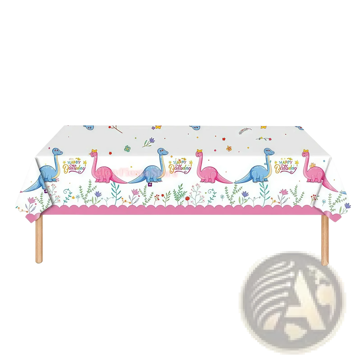 White plastic dinosaur birthday tablecloth with pink blue cartoon dinosaurs crowns floral designs scalloped border