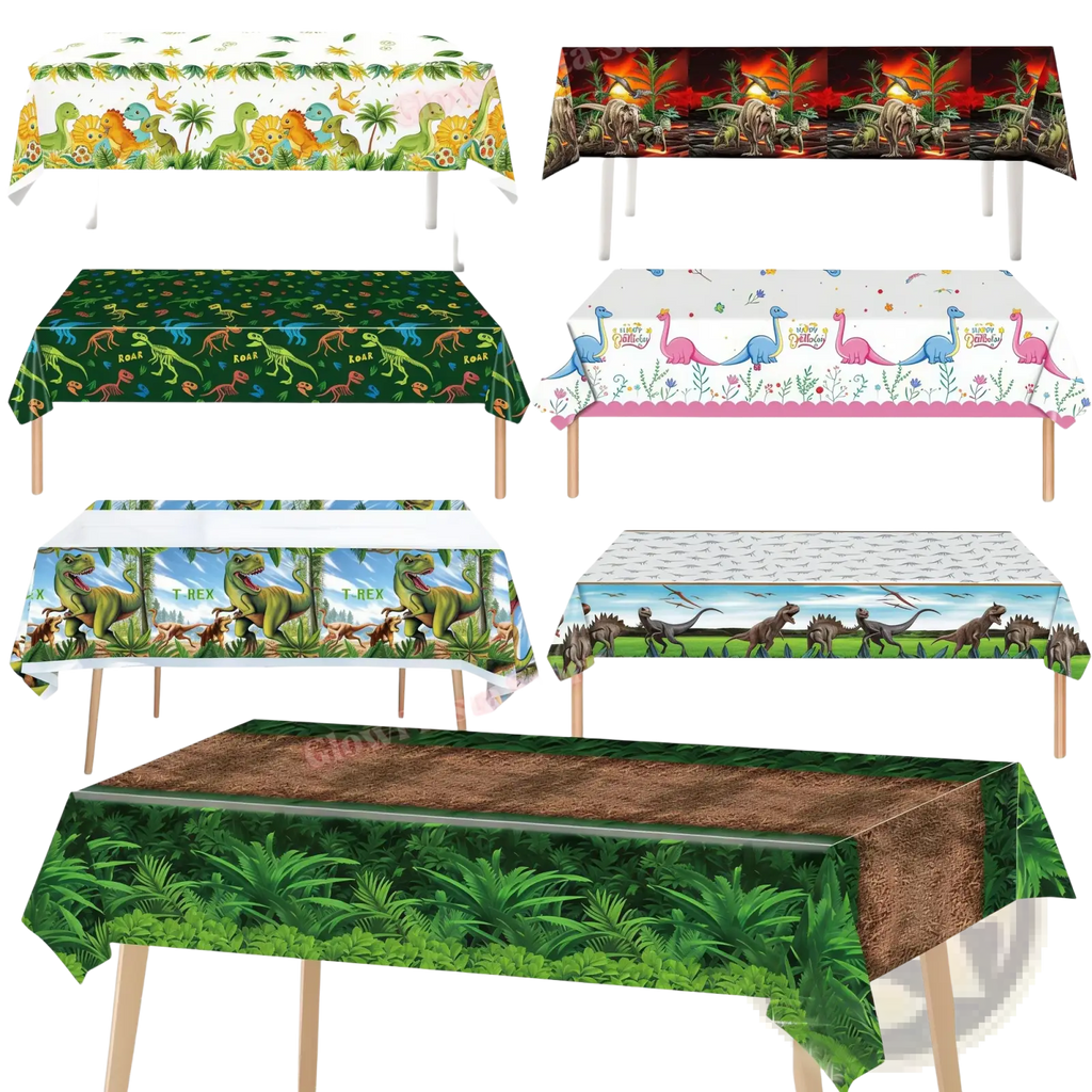 Dinosaur birthday plastic tablecloth featuring vibrant colorful dinosaurs and prehistoric jungle scenes for parties