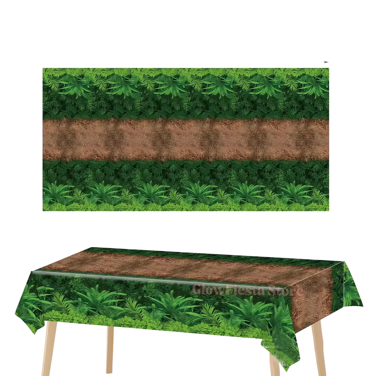 Dinosaur birthday tablecloth featuring green jungle-themed plastic with a central brown dirt strip and leafy borders