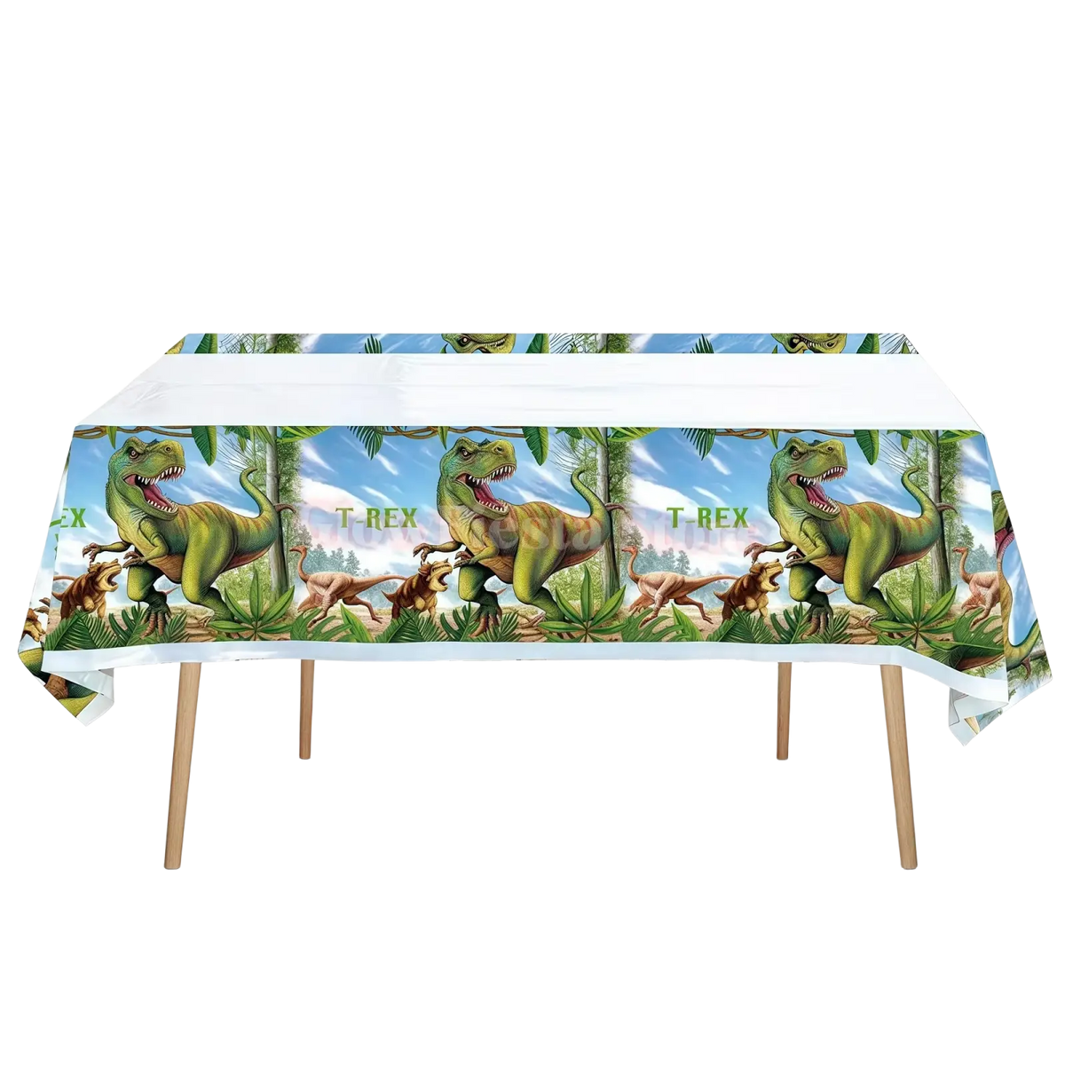 Green t-rex dinosaur-themed plastic tablecloth with jungle and sky background for dinosaur birthday party cover