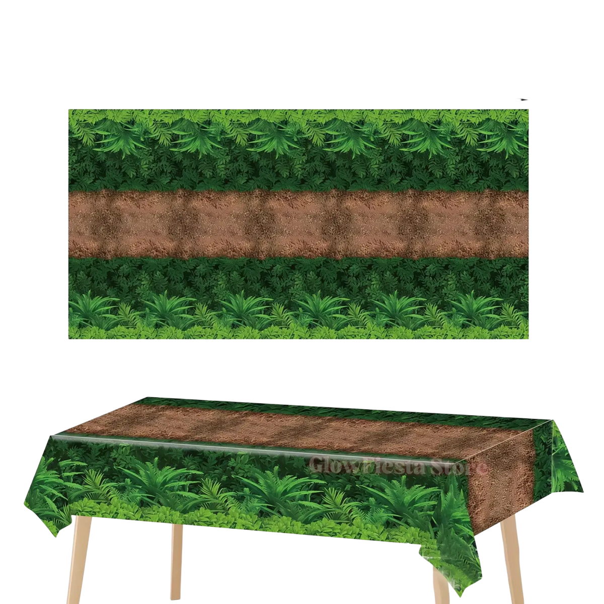 Dinosaur birthday tablecloth party cover featuring a rectangular glossy plastic design with layered green and brown jungle foliage