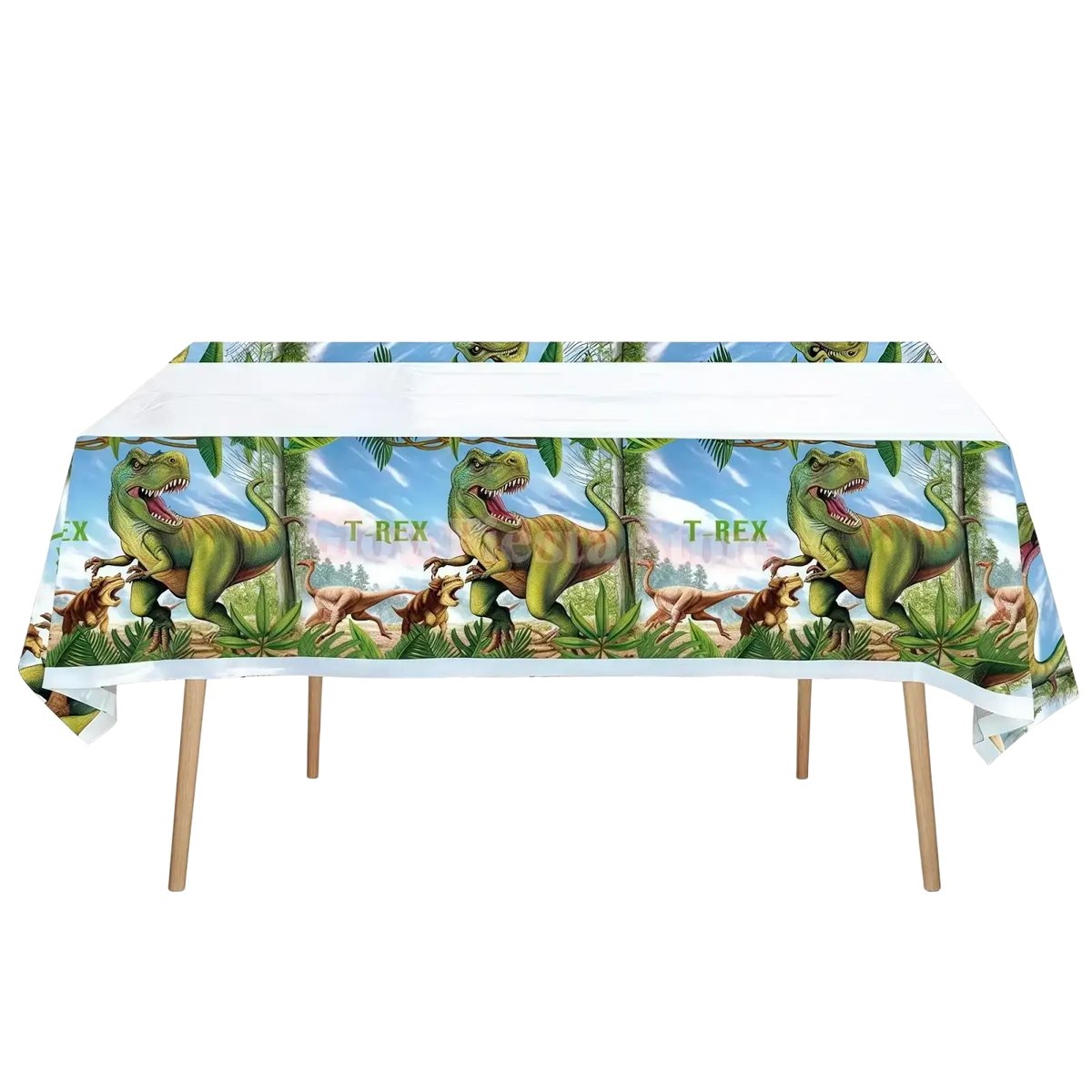 A vibrant green plastic dinosaur birthday tablecloth featuring a t-rex and prehistoric jungle scene for party use
