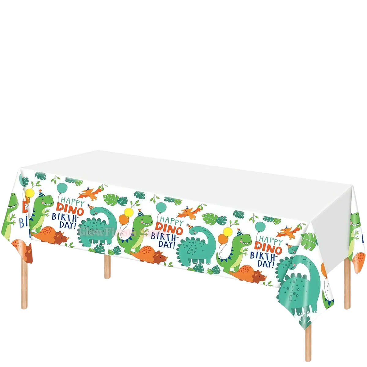 Dinosaur birthday tablecloth party cover featuring vibrant green orange and teal plastic dinosaurs with balloons on white background