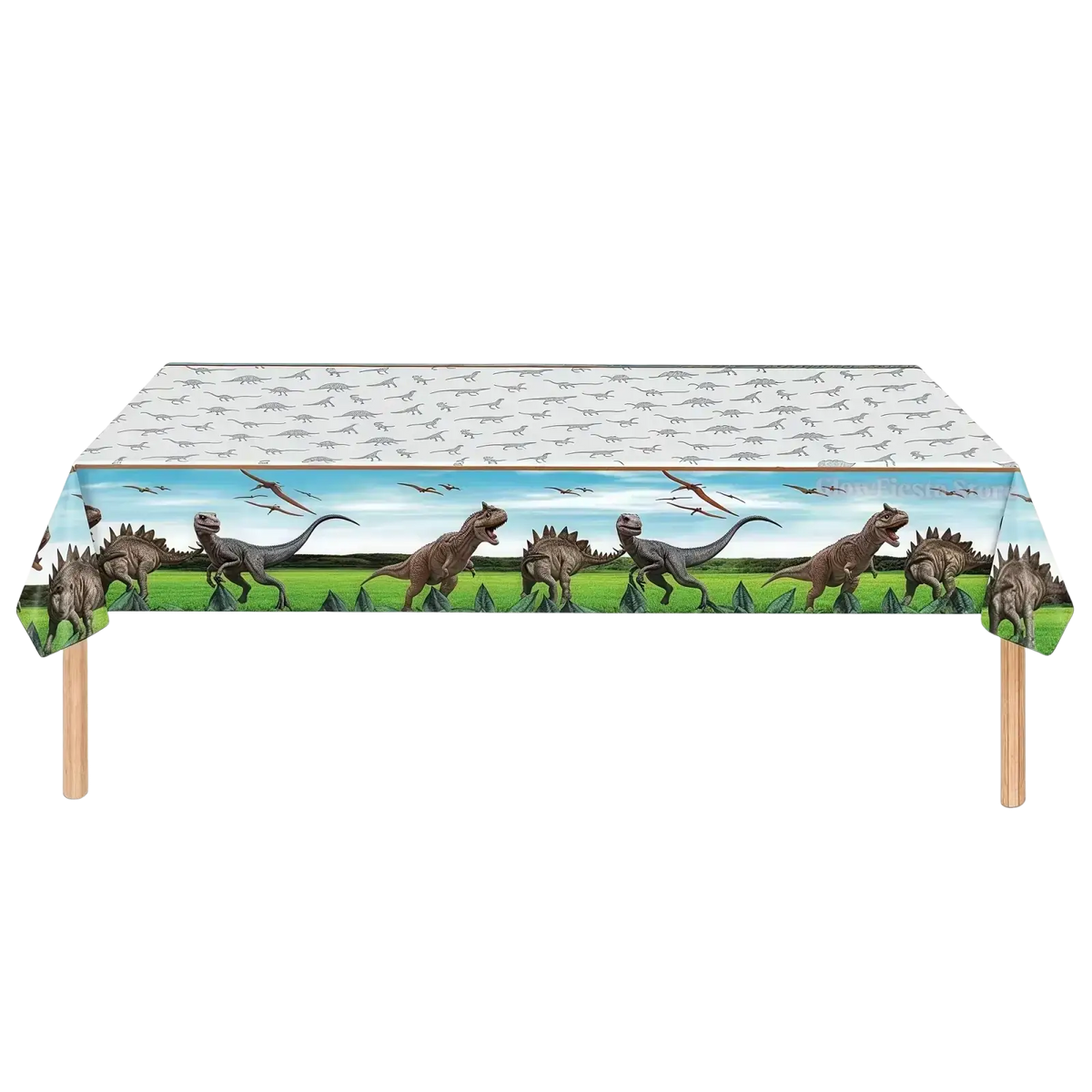Vibrant green dinosaur birthday tablecloth featuring stegosaurus t-rex and pterosaurs for party use