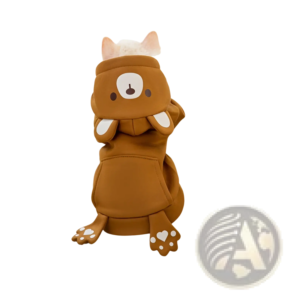 Cute brown plush dinosaur cat hoodie with white paw prints and face design perfect for pet costume use
