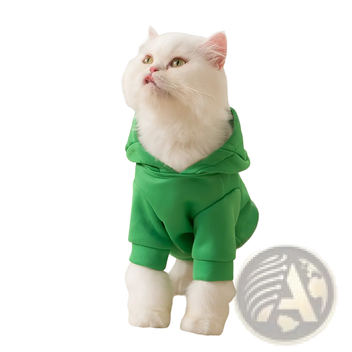 A fluffy white cat wearing a vibrant green dinosaur cat hoodie plush pet costume in a soft fabric