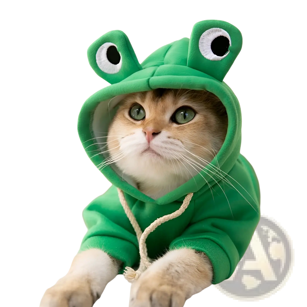 Green plush frog-themed dinosaur cat hoodie with embroidered eyes and drawstring ties for pet costume use