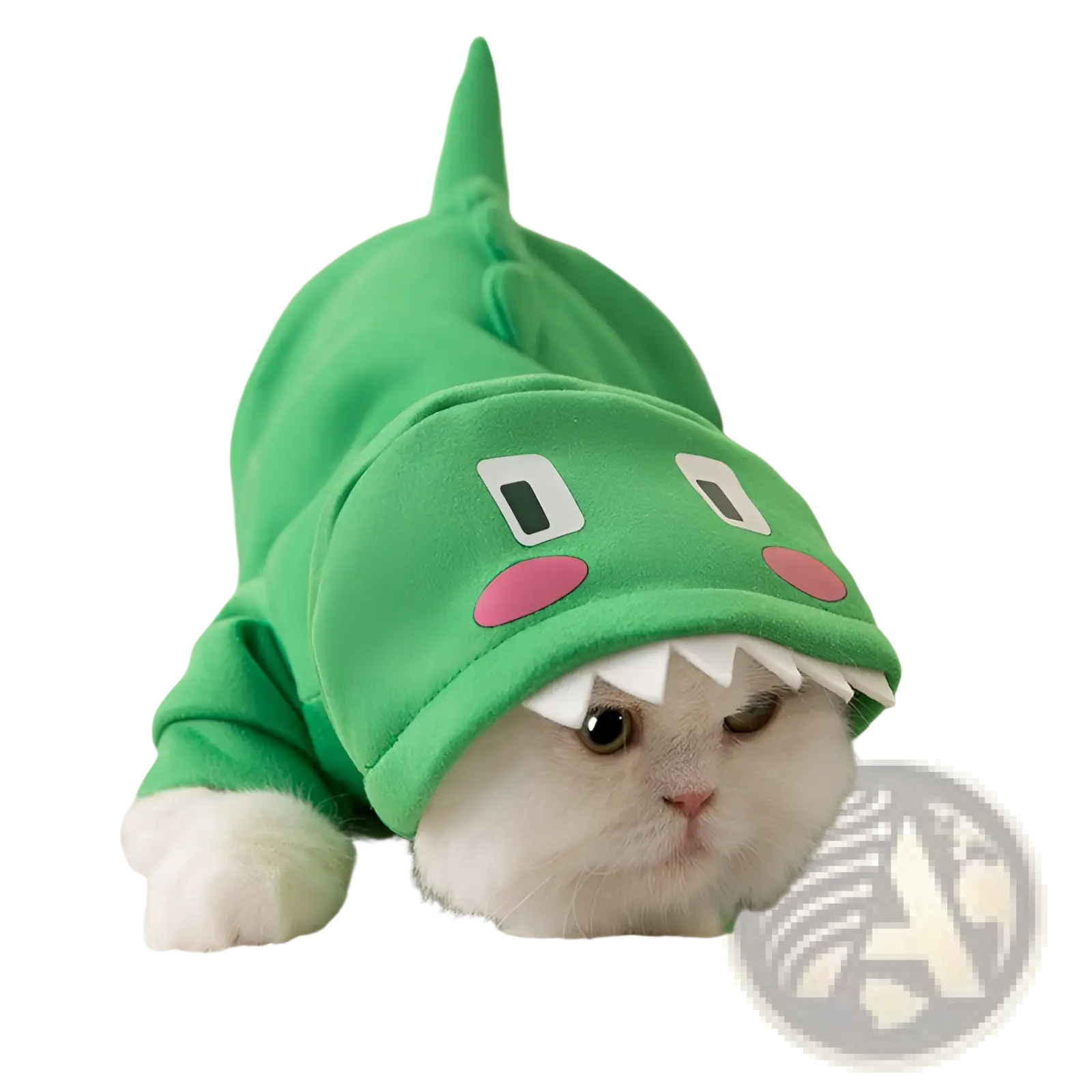 A fluffy white cat wearing a green dinosaur-themed plush hoodie with pink cheeks and white teeth for pets
