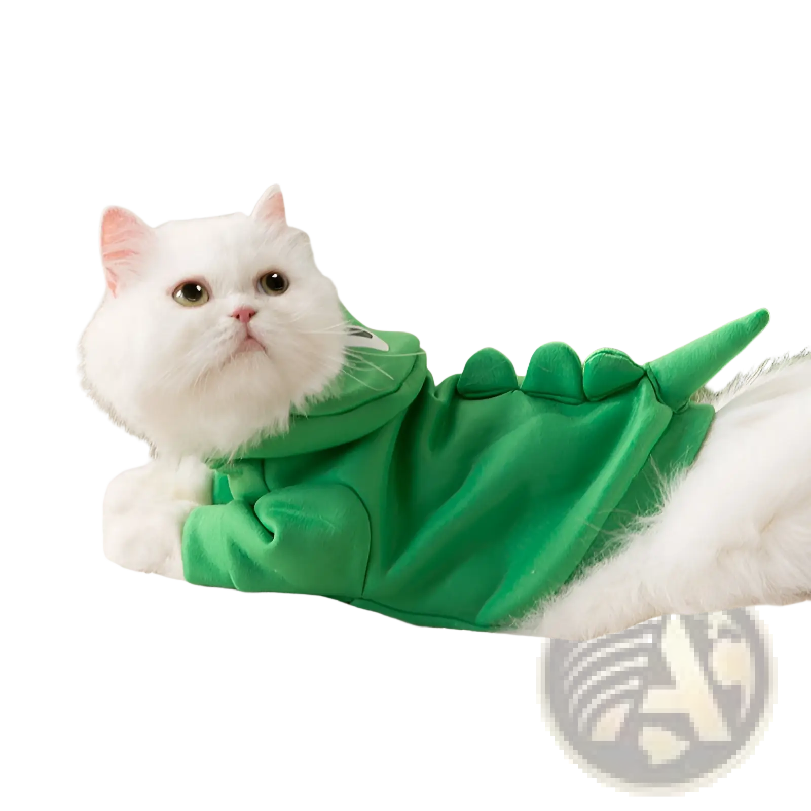 A fluffy white cat wearing a vibrant green dinosaur cat hoodie plush pet costume with scalloped tail details