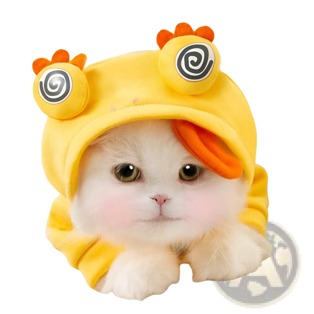 Yellow plush dinosaur cat hoodie pet costume with orange accents and spiral patterned eyes for small pets