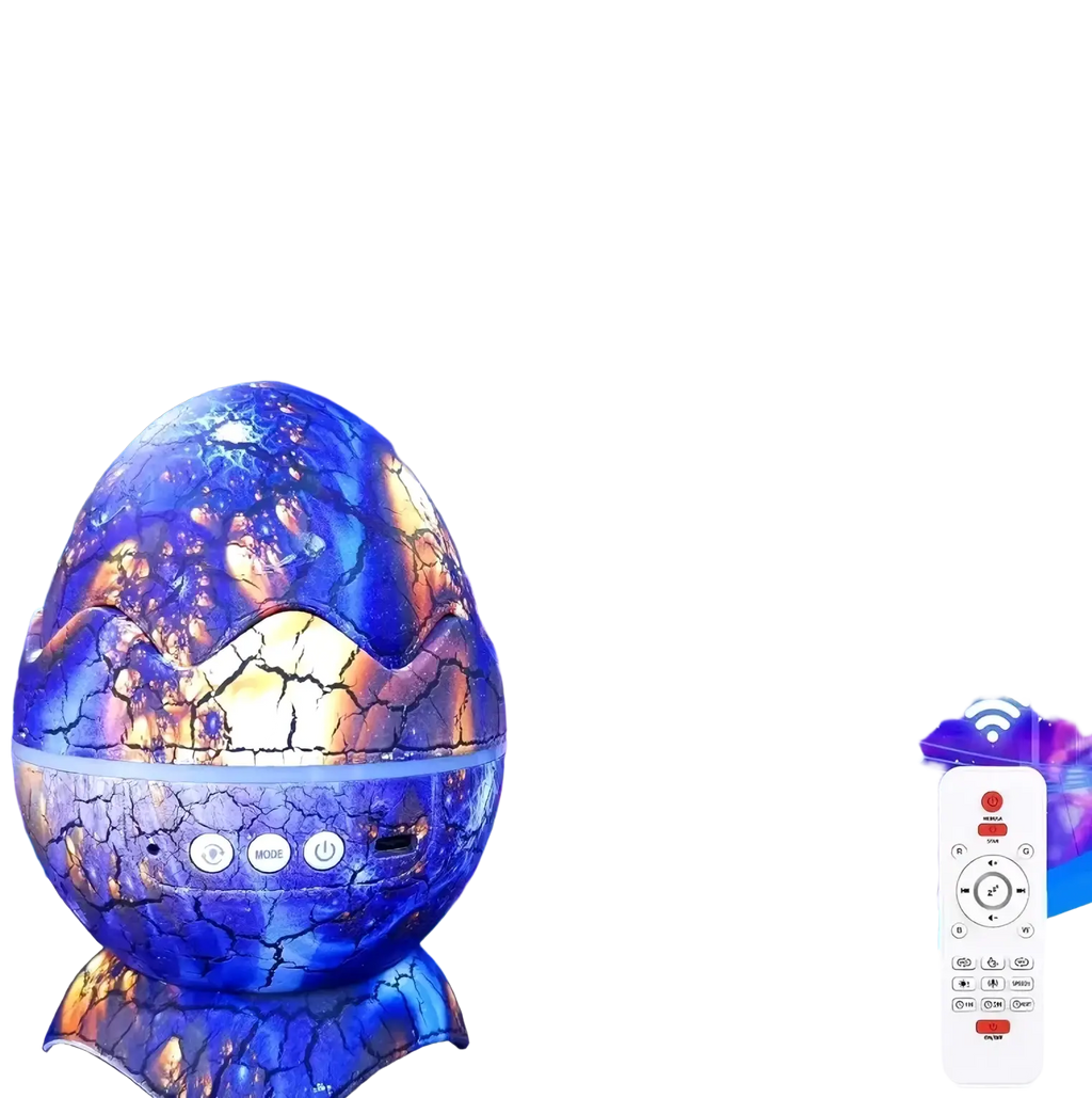 Dinosaur egg galaxy projector star night light with cracked blue and gold egg-shaped ceiling projector and remote control