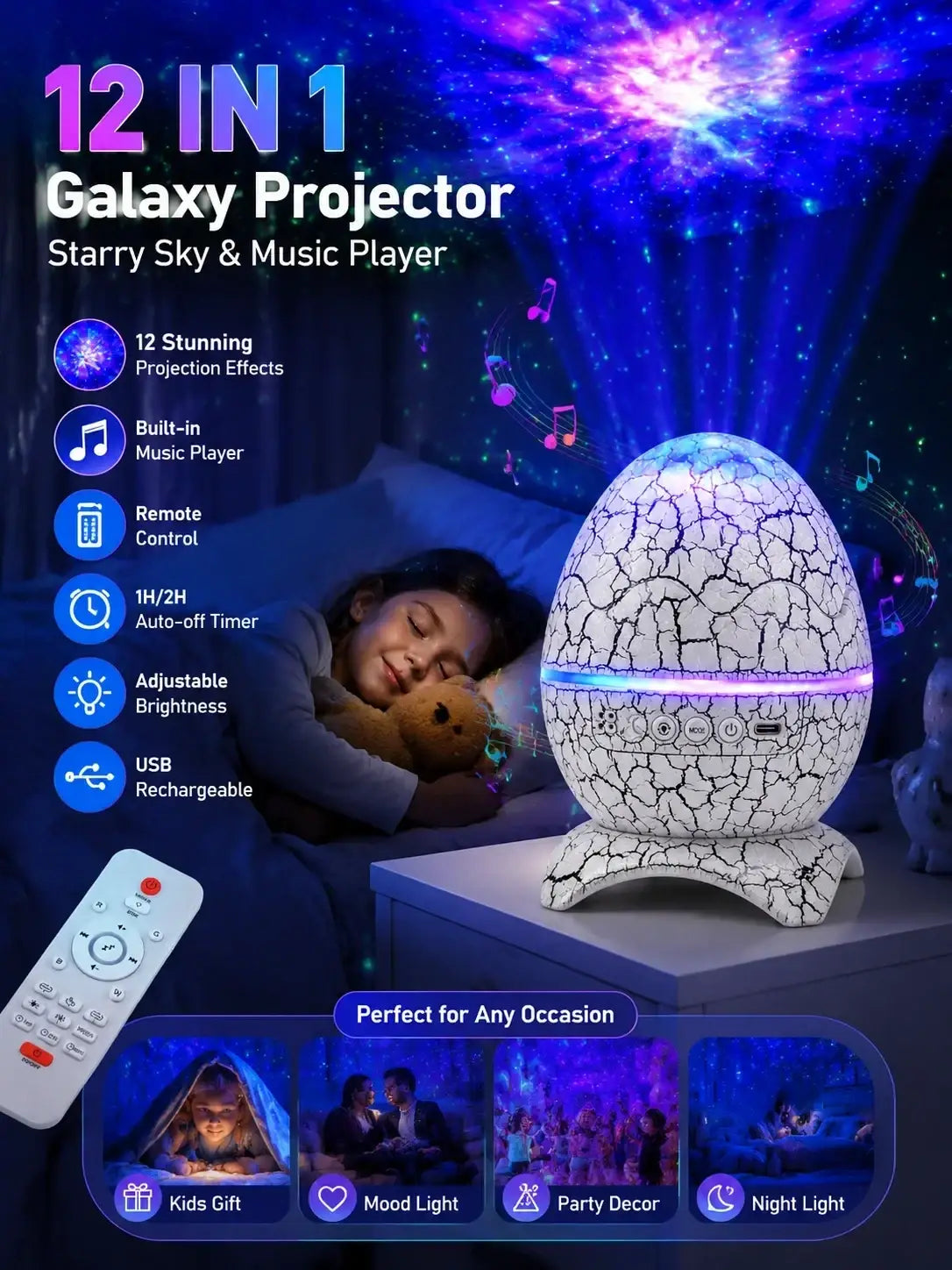 Dinosaur egg galaxy projector shaped like cracked white egg with glowing purple and blue light band for star night light