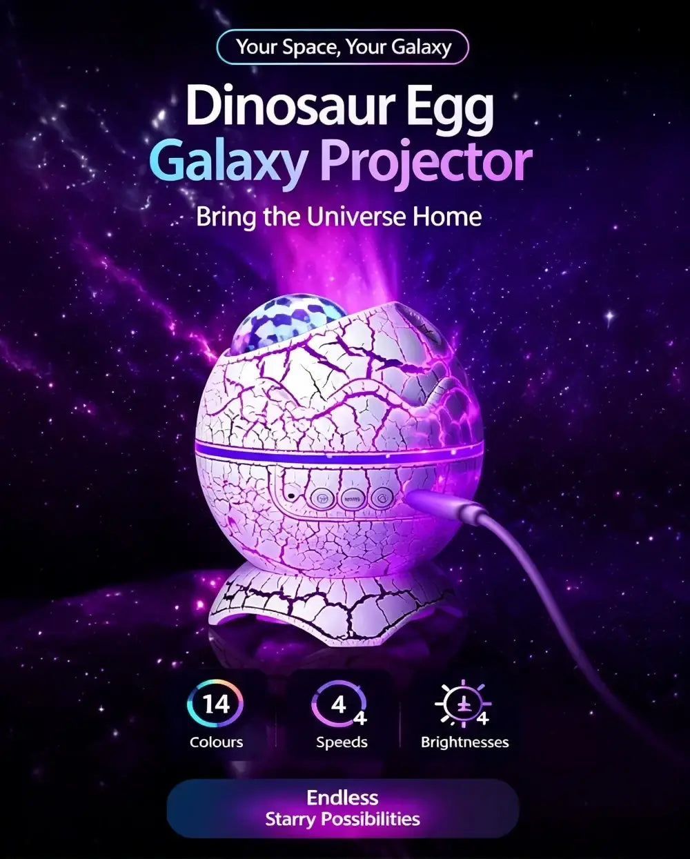 Purple and white cracked dinosaur egg shaped galaxy projector with glowing starry projection for night light use