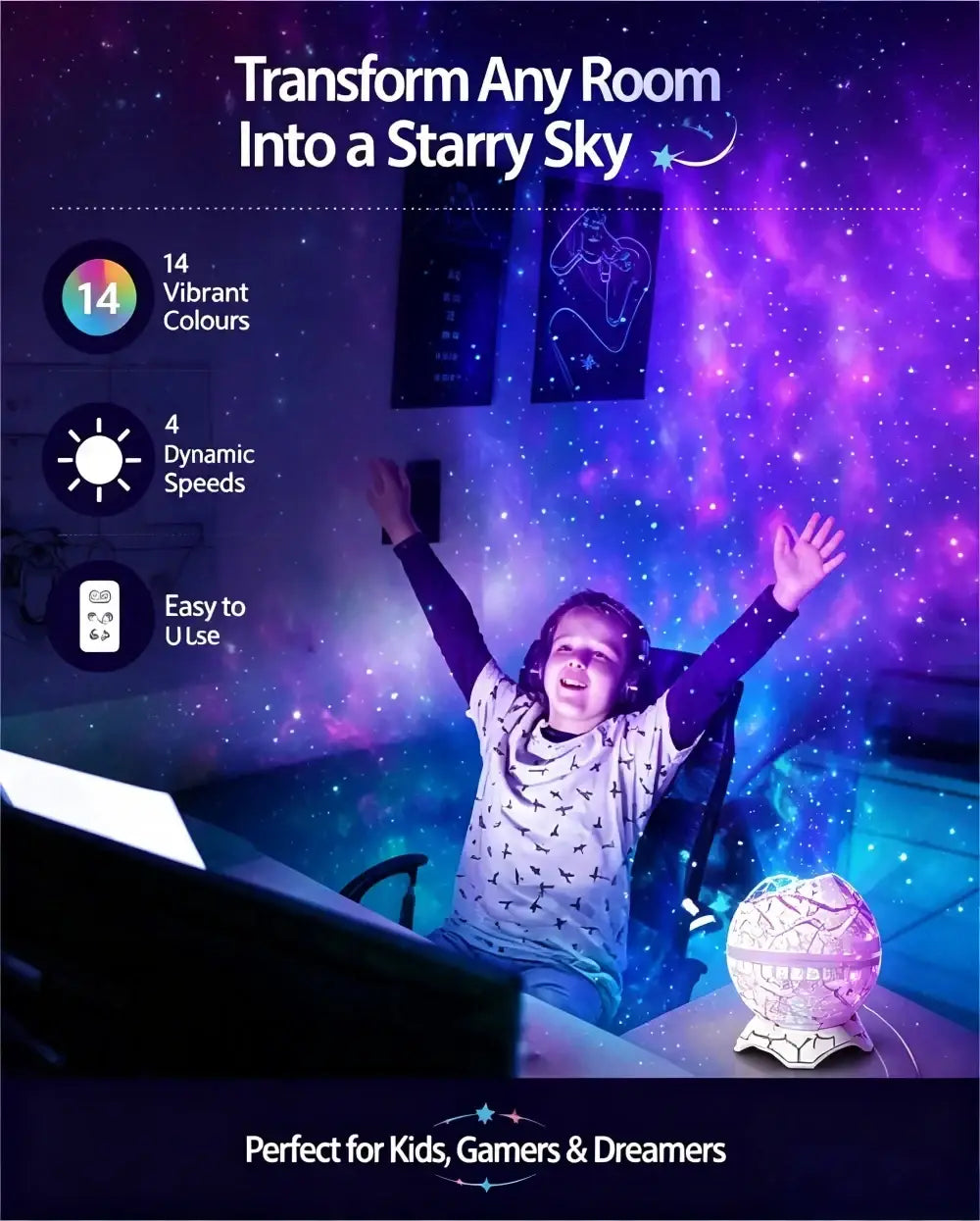 Dinosaur egg galaxy projector star night light spherical translucent purple lamp with starry design and base