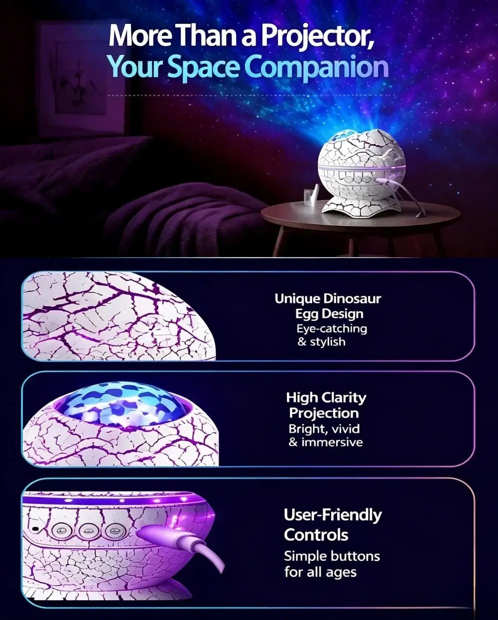 A white cracked dinosaur egg-shaped projector displaying a purple and blue starry sky galaxy night light