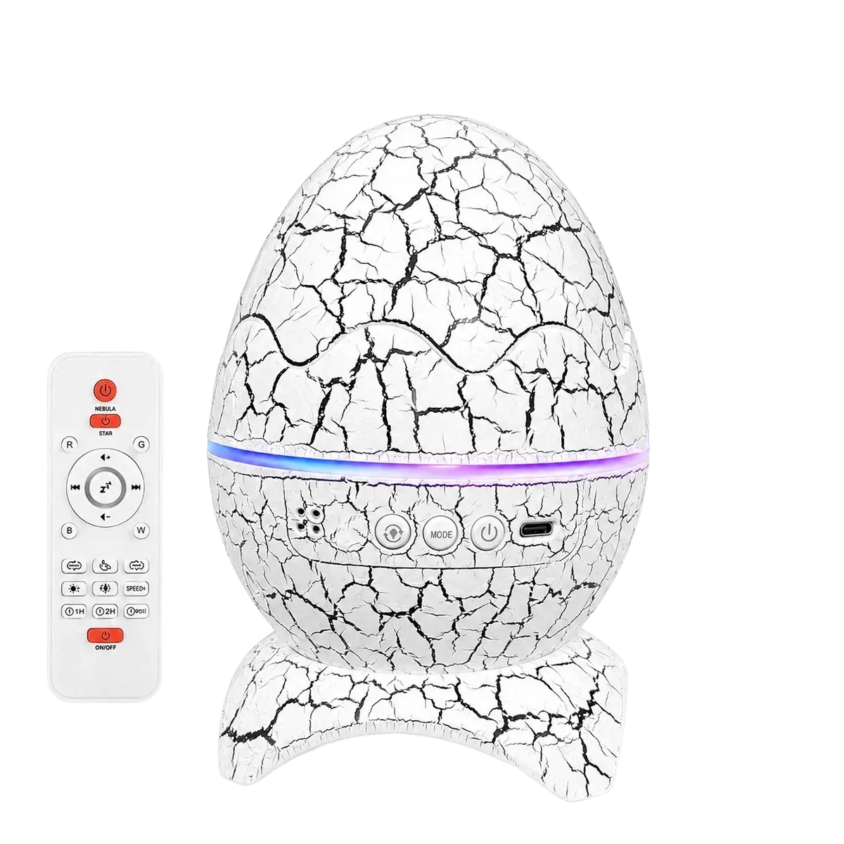 Dinosaur egg galaxy projector star night light white cracked egg shape with purple glowing band and colorful star projections