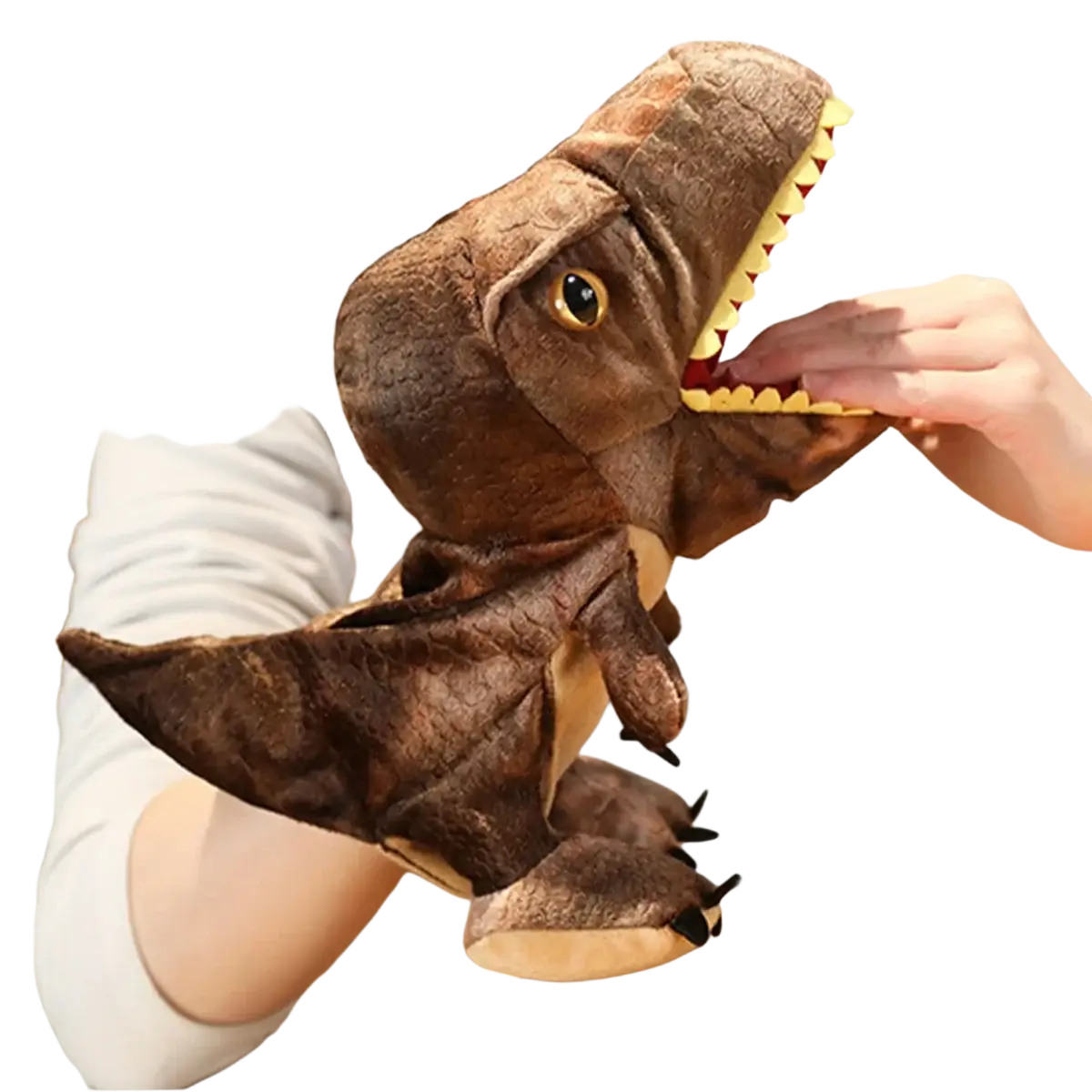 Brown plush t-rex dinosaur hand puppet with yellow teeth and black eyes interactive toy for children