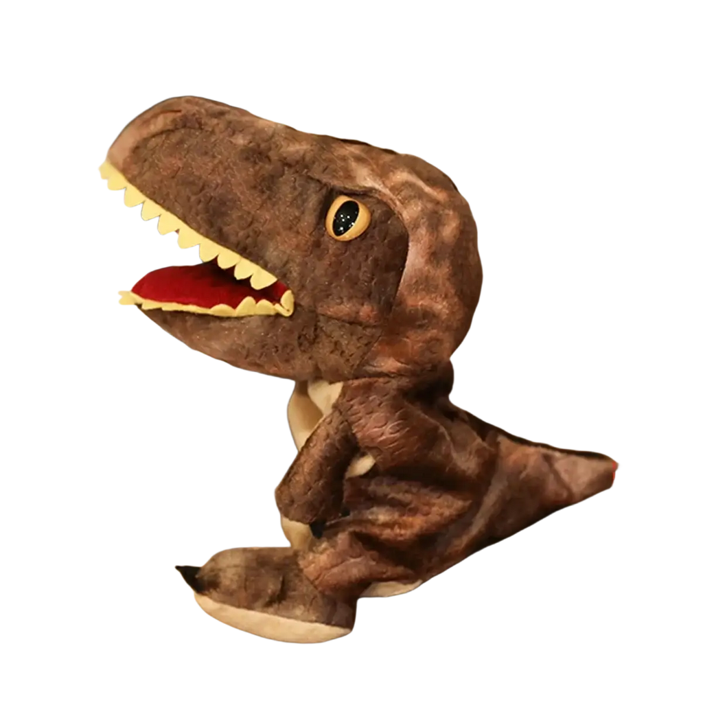 Brown plush t-rex dinosaur hand puppet with yellow teeth and red tongue interactive toys for kids