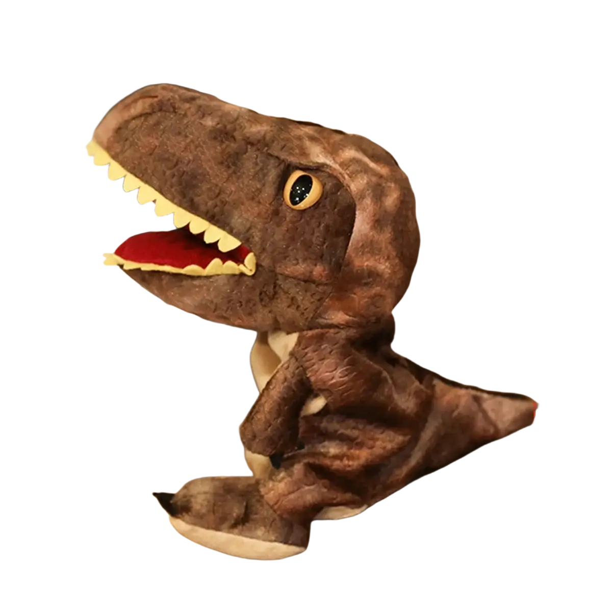 Brown plush t-rex dinosaur hand puppet with yellow teeth and red tongue interactive toys for kids