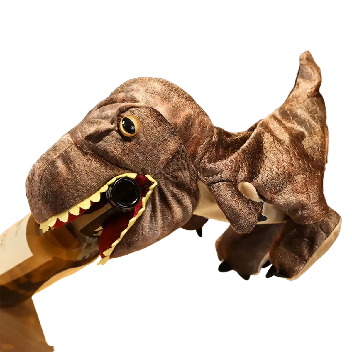 Brown plush dinosaur hand puppet t-rex with yellow teeth and black eye interactive toys and bottle opener