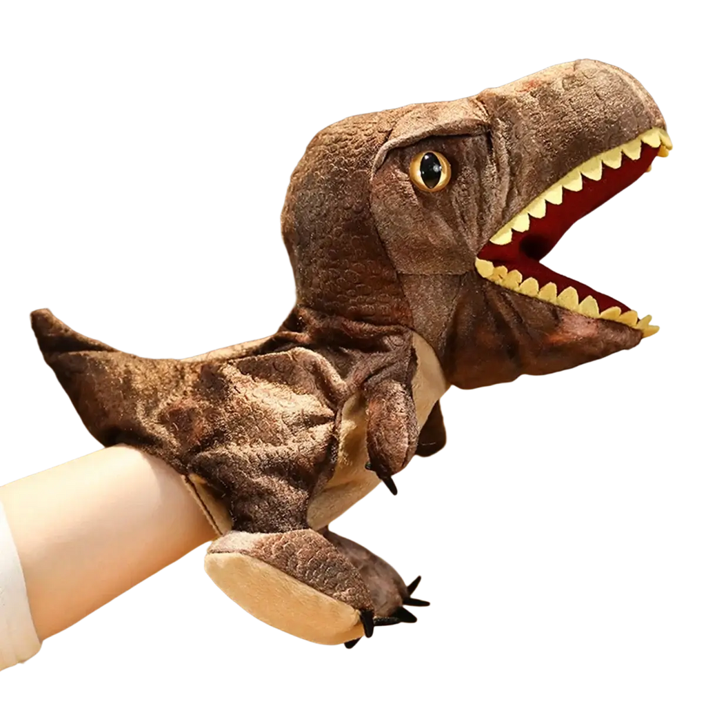 Brown plush dinosaur hand puppet t-rex with yellow teeth and black eyes for interactive toys and play