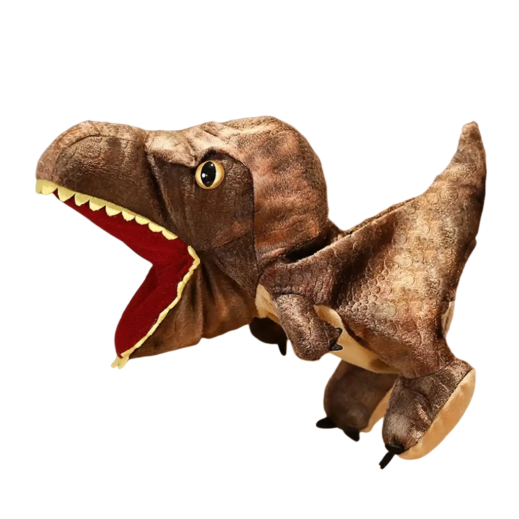 Brown plush t-rex dinosaur hand puppet with red mouth interior and yellow teeth interactive toy for hand use