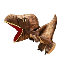 Brown plush t-rex dinosaur hand puppet with red mouth interior and yellow teeth interactive toy for hand use