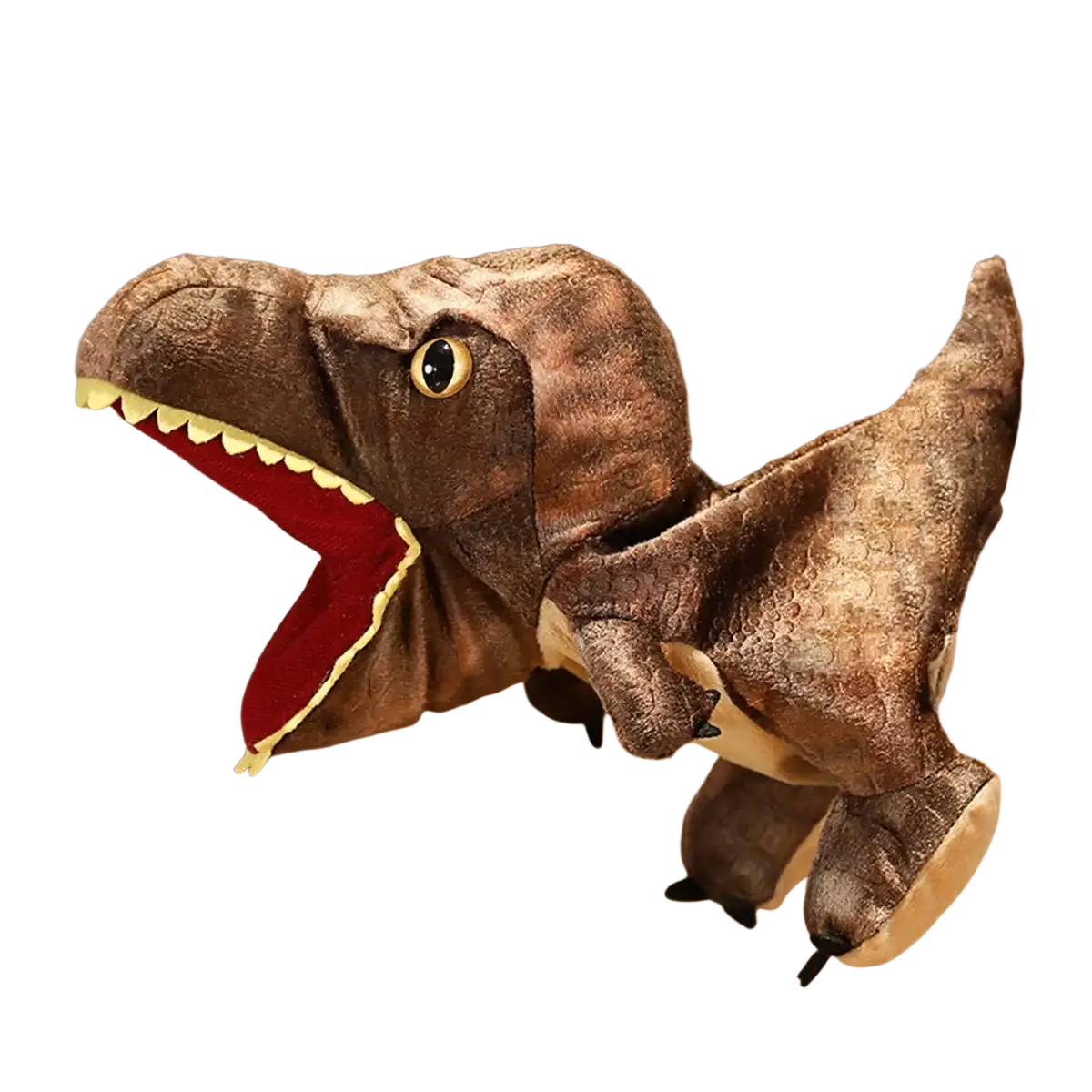 Brown plush t-rex dinosaur hand puppet with red mouth interior and yellow teeth interactive toy for hand use