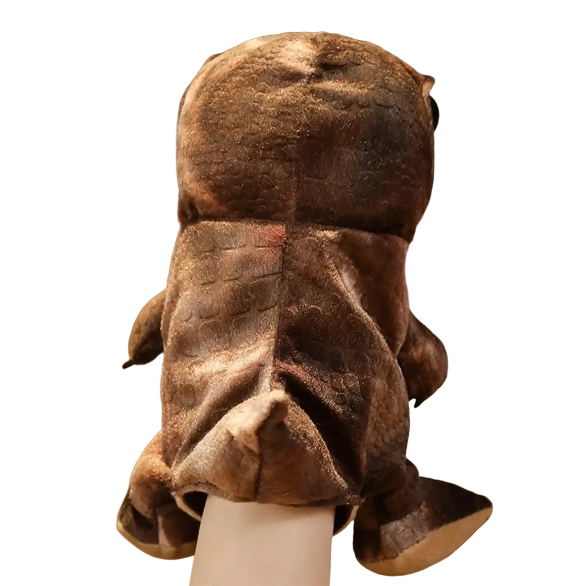 Brown plush dinosaur hand puppet with textured fabric and stitched details interactive toys t-rex design