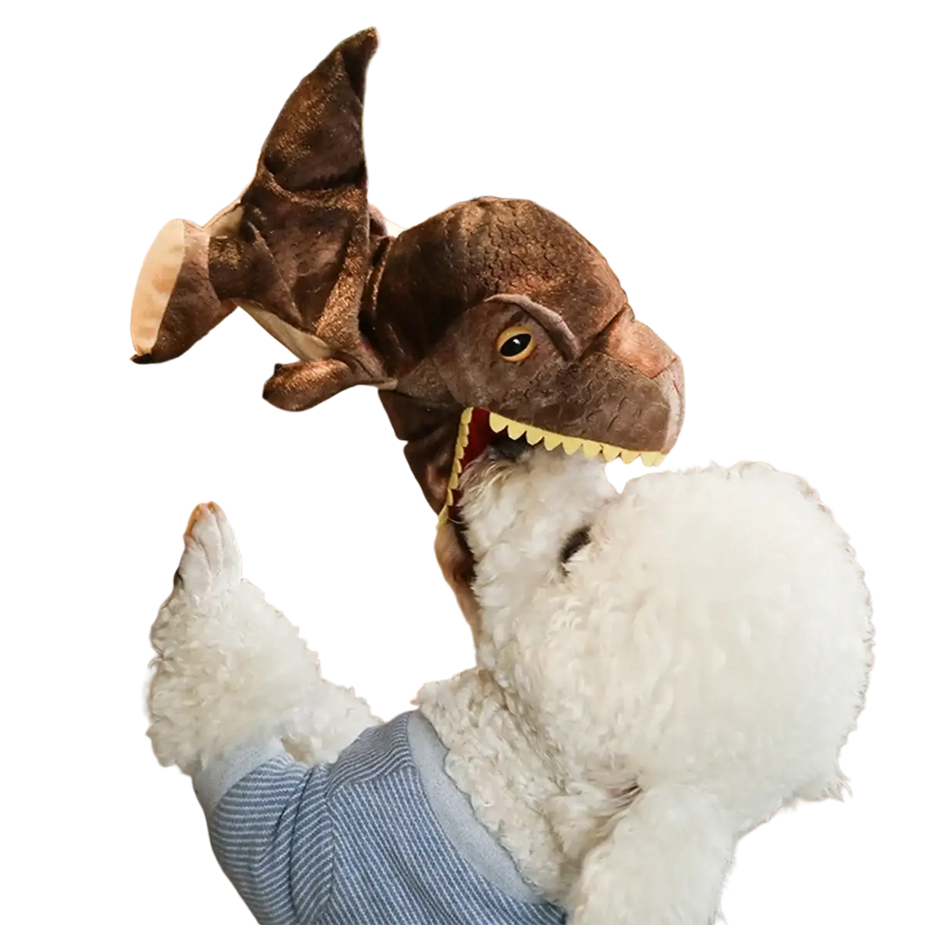 Brown plush dinosaur hand puppet with yellow eyes and sharp teeth interactive toy for imaginative play