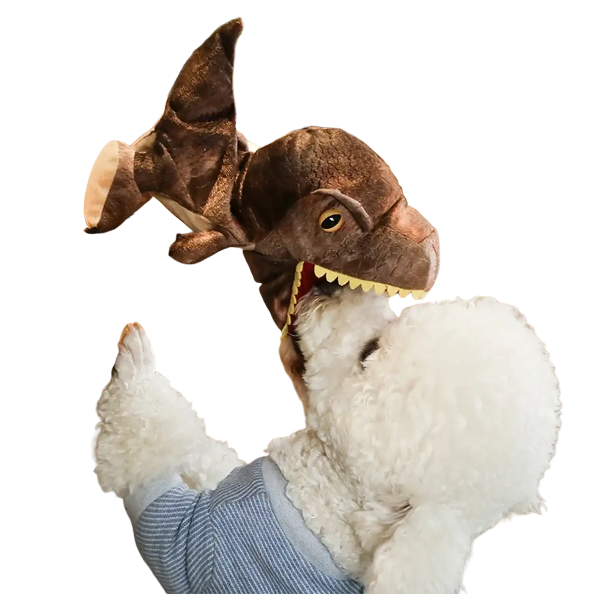 Brown plush dinosaur hand puppet with yellow eyes and sharp teeth interactive toy for imaginative play
