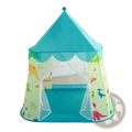 Dinosaur kids play tent in turquoise and light green with dinosaur prints scalloped edge and mesh sides portable foldable castle