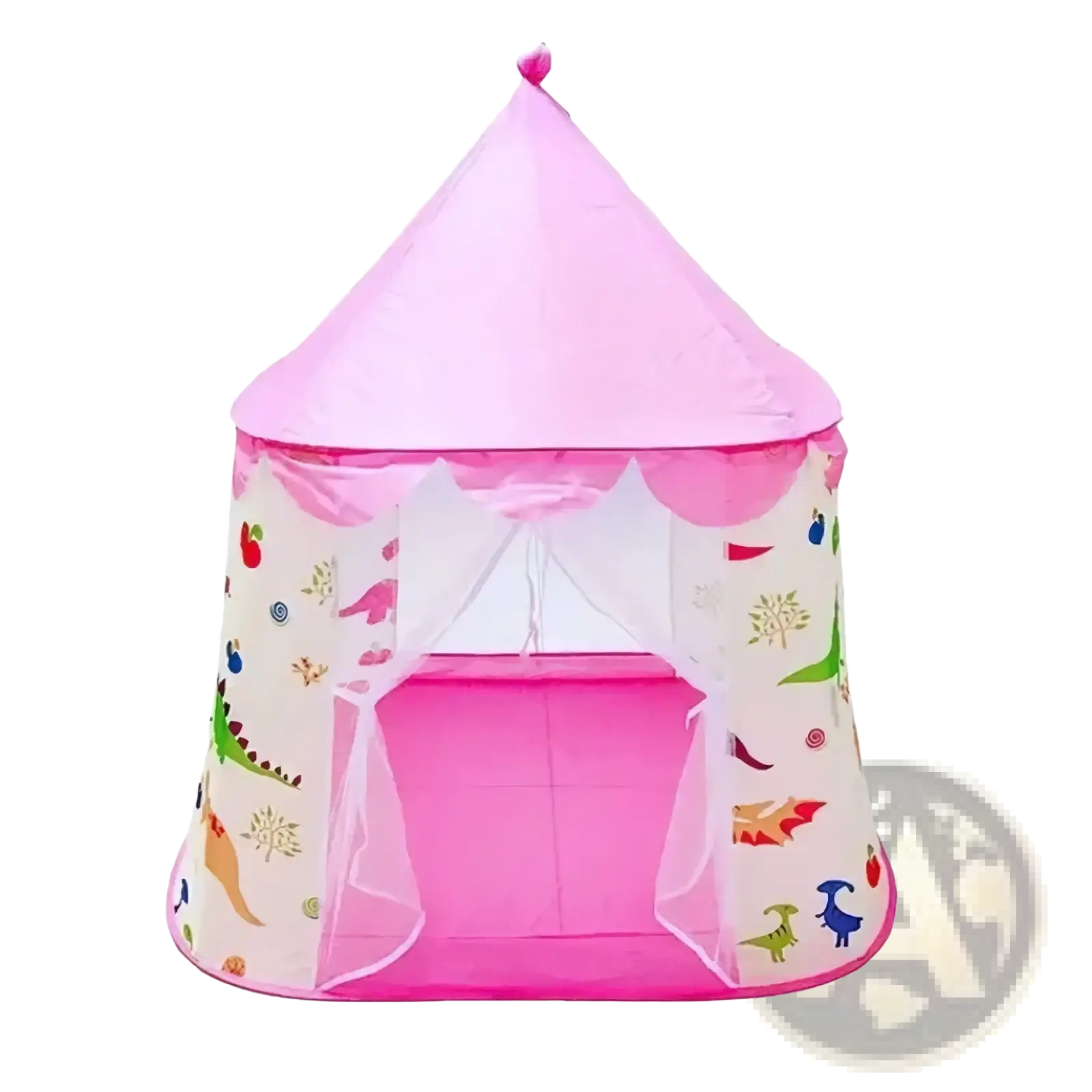 Pink dinosaur kids play tent with conical roof, colorful patterns, sheer white curtains, portable and foldable castle design