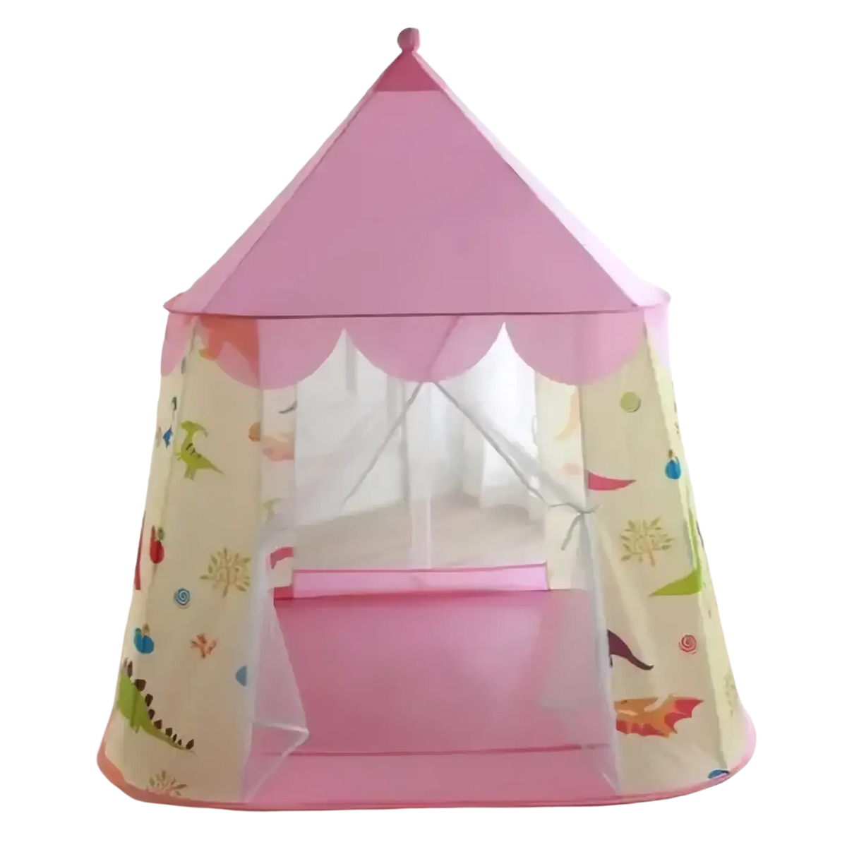 Pink children’s play tent with scalloped roof edge and dinosaur-themed fabric panels for portable foldable castle use
