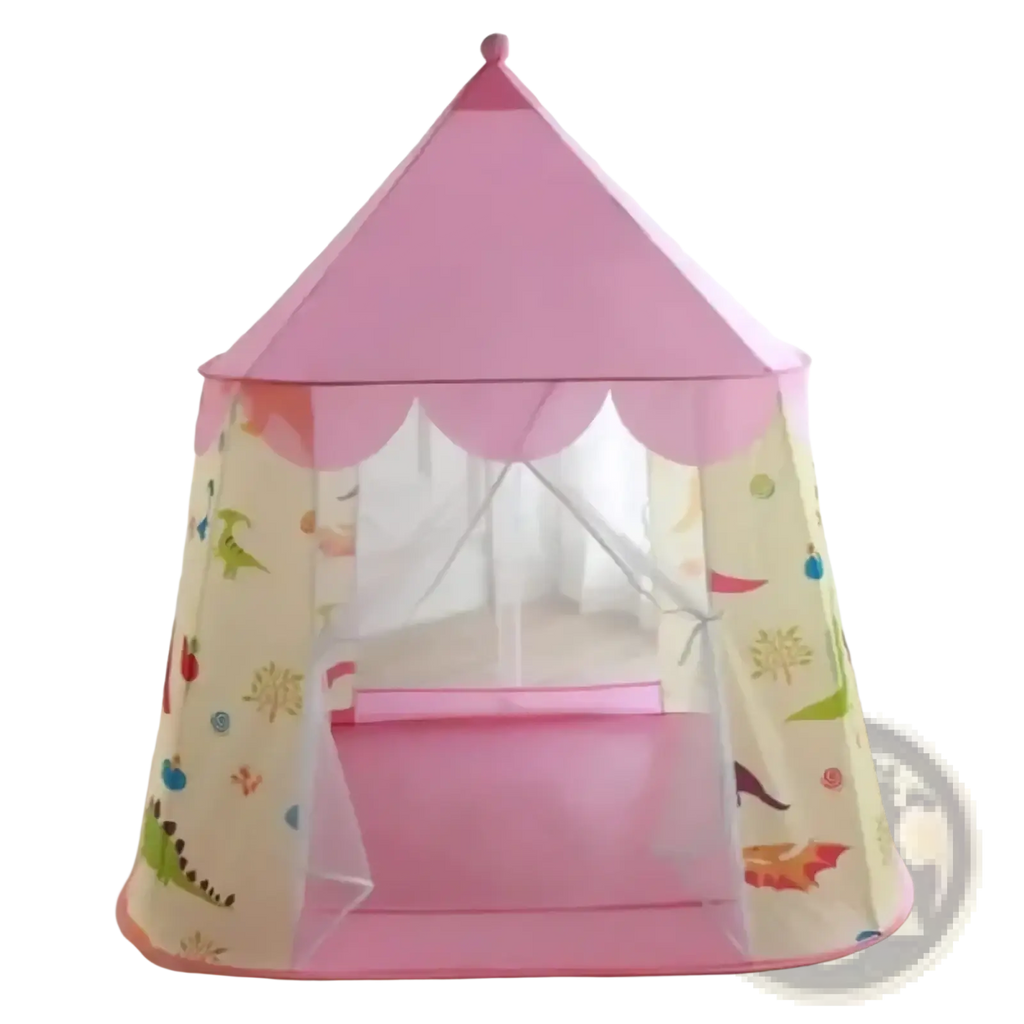 Pink children’s play tent with scalloped edge and dinosaur-themed fabric panels for portable foldable castle use