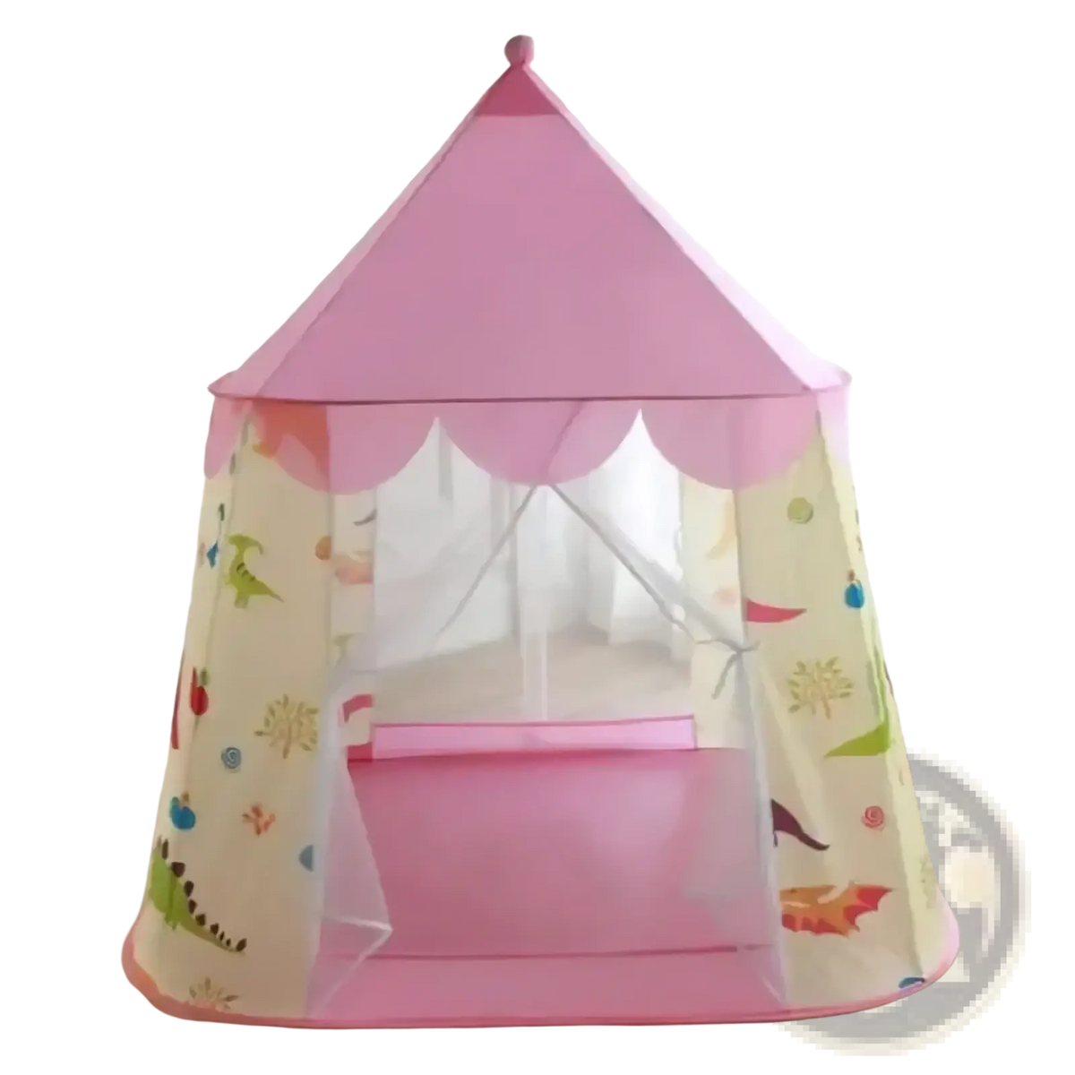 Pink children’s play tent with scalloped edge and dinosaur-themed fabric panels for portable foldable castle use