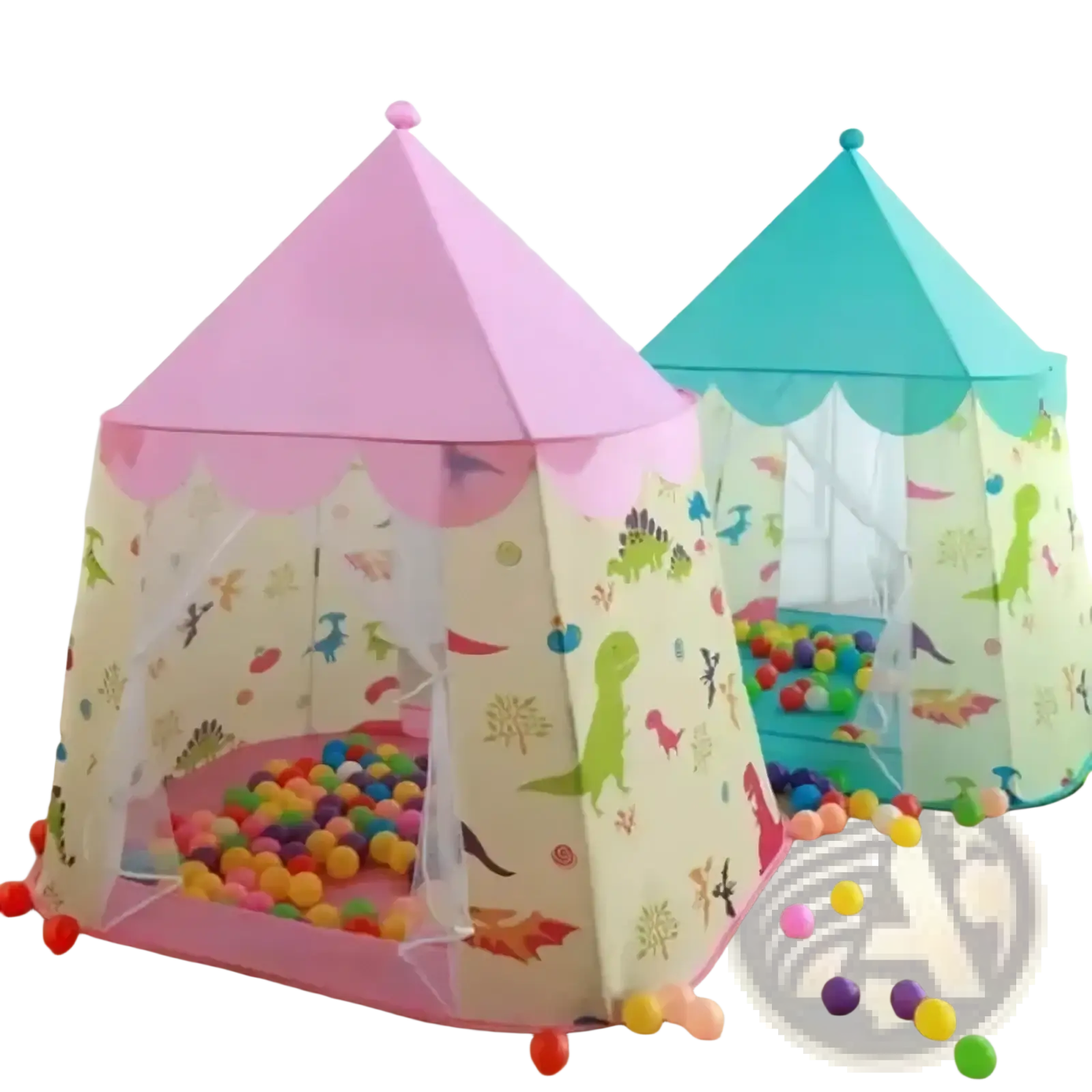 Pink and teal dinosaur kids play tents with scalloped edges mesh panels filled with colorful plastic balls