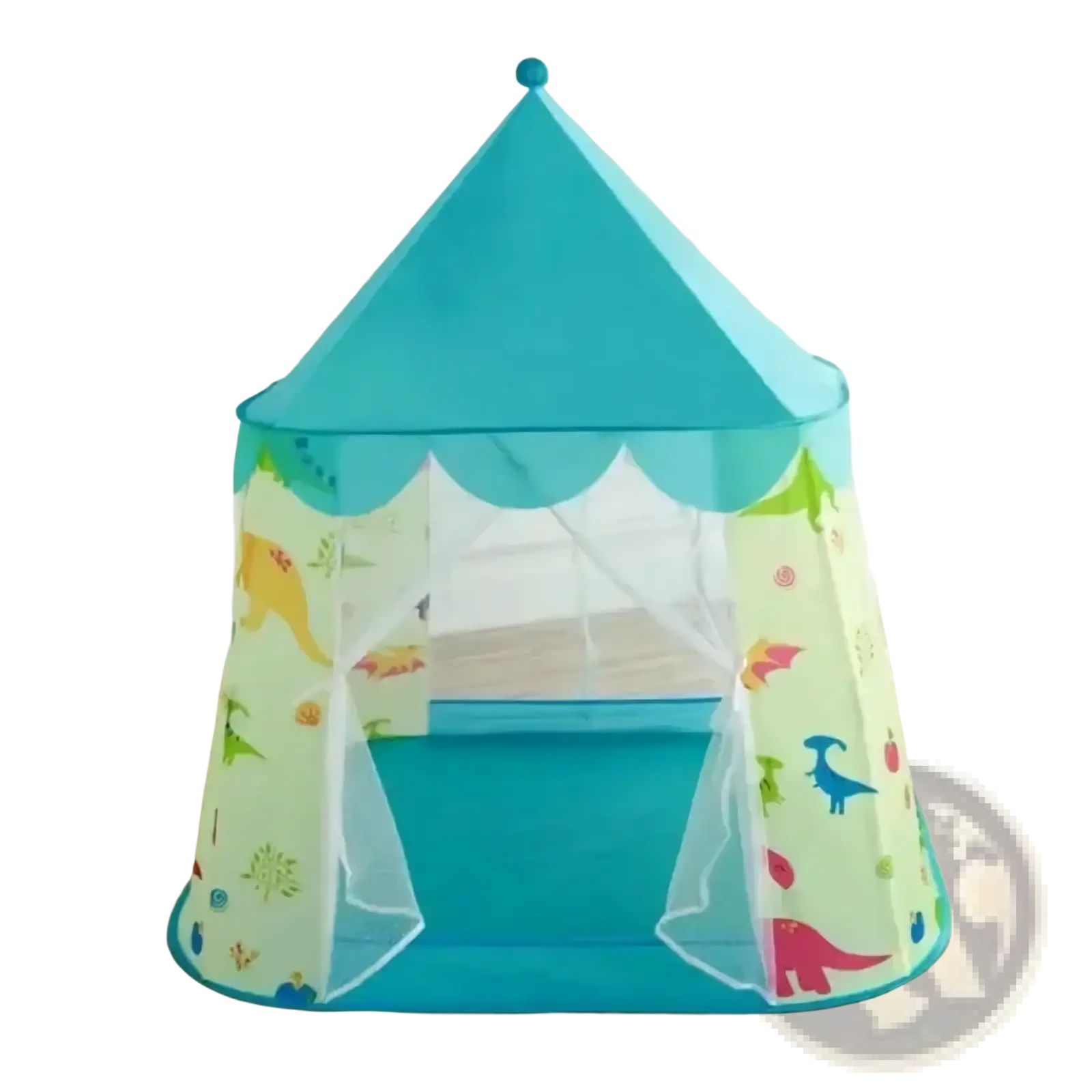Turquoise and light green dinosaur kids play tent with scalloped edge and colorful dino prints portable foldable design