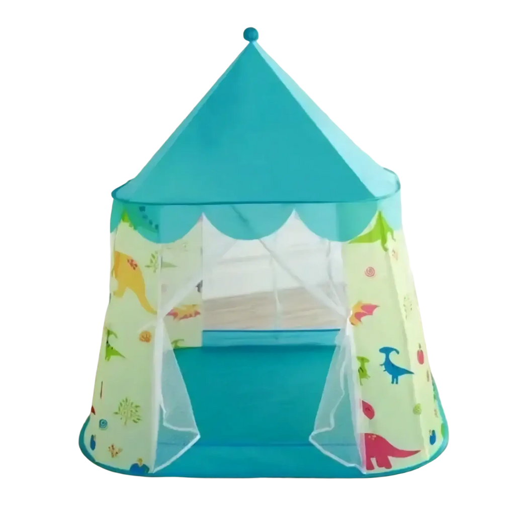 Turquoise and light green dinosaur kids play tent with scalloped edge and colorful dino prints portable foldable design