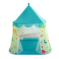 Dinosaur kids play tent in turquoise and light green with dinosaur prints scalloped edge and mesh sides portable foldable castle