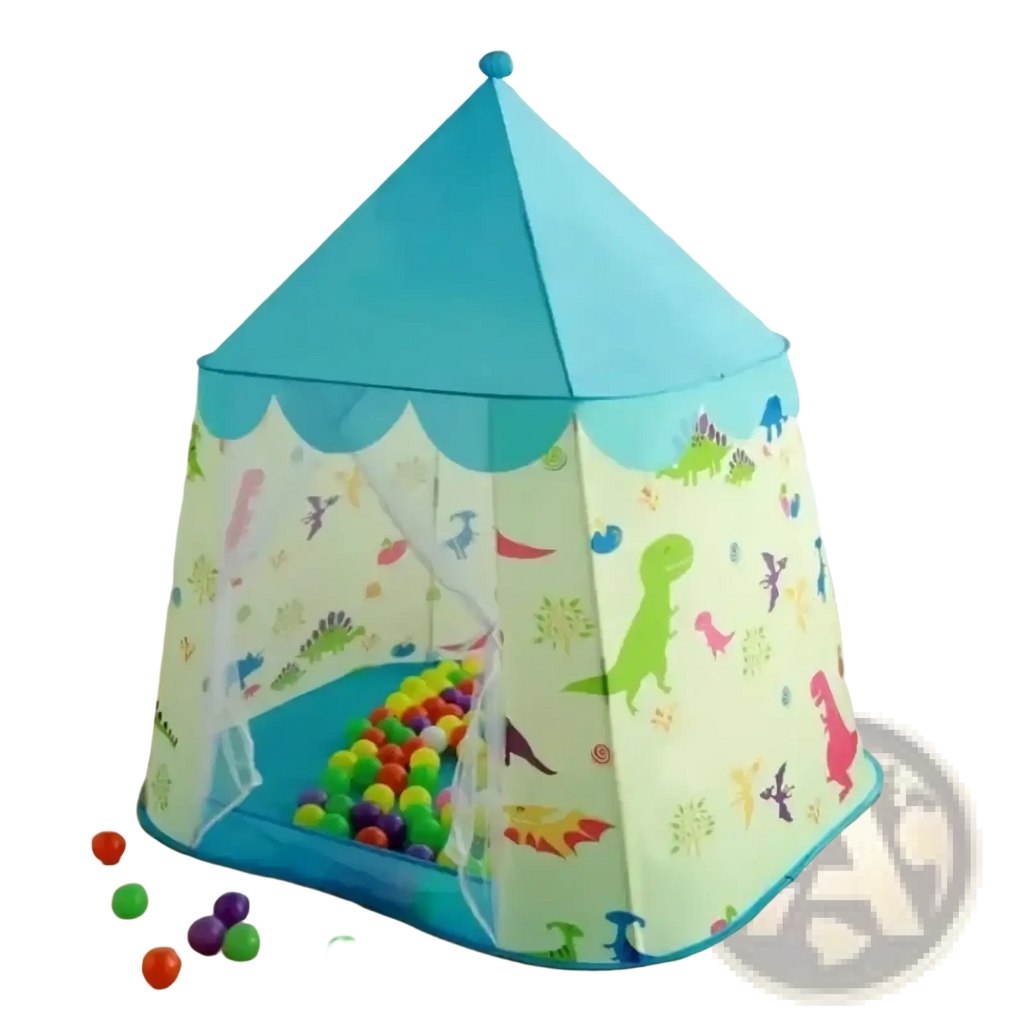 Dinosaur kids play tent portable foldable castle in turquoise and pale green with scalloped edge and colorful balls inside