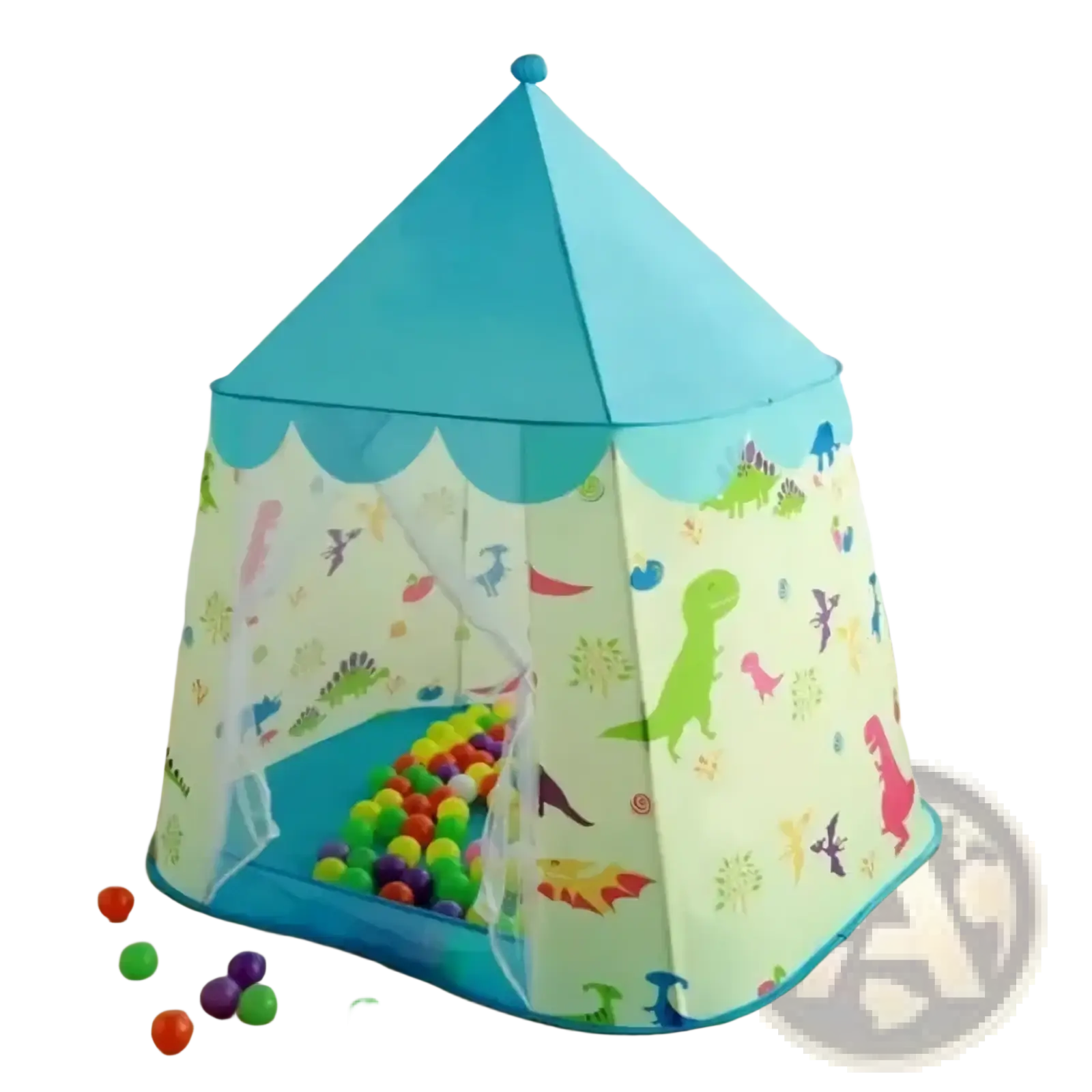 Dinosaur kids play tent portable foldable castle in turquoise and pale green with scalloped edge and colorful balls inside