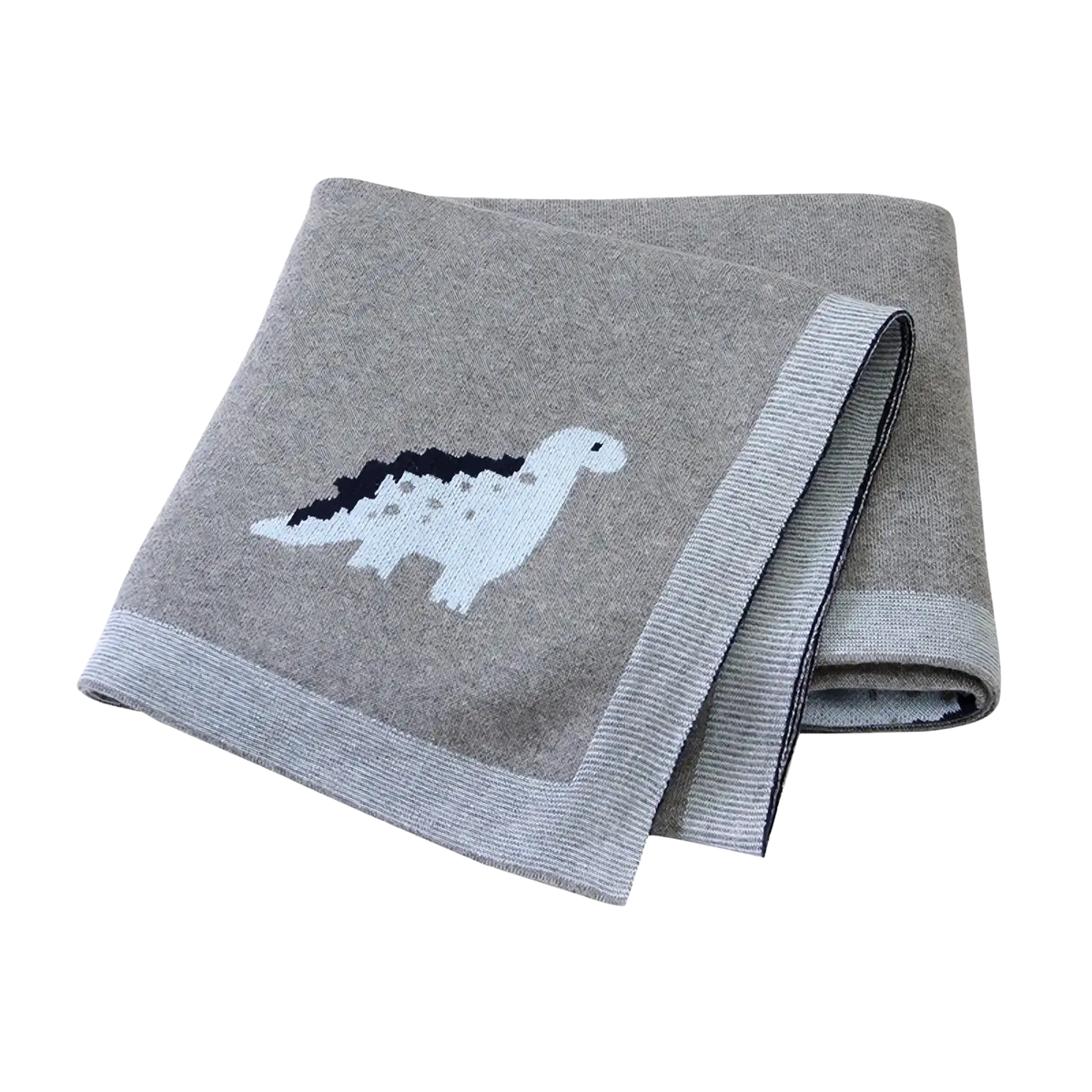 Gray knitted cotton baby blanket featuring a white and black dinosaur design with ribbed edges for crib use