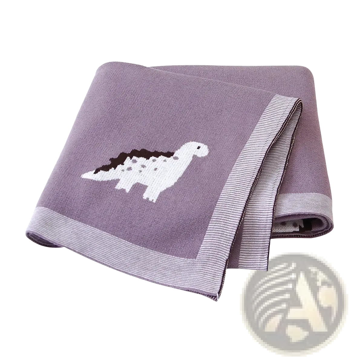 A soft lavender cotton knit baby blanket with white and dark brown dinosaur design and striped border trim