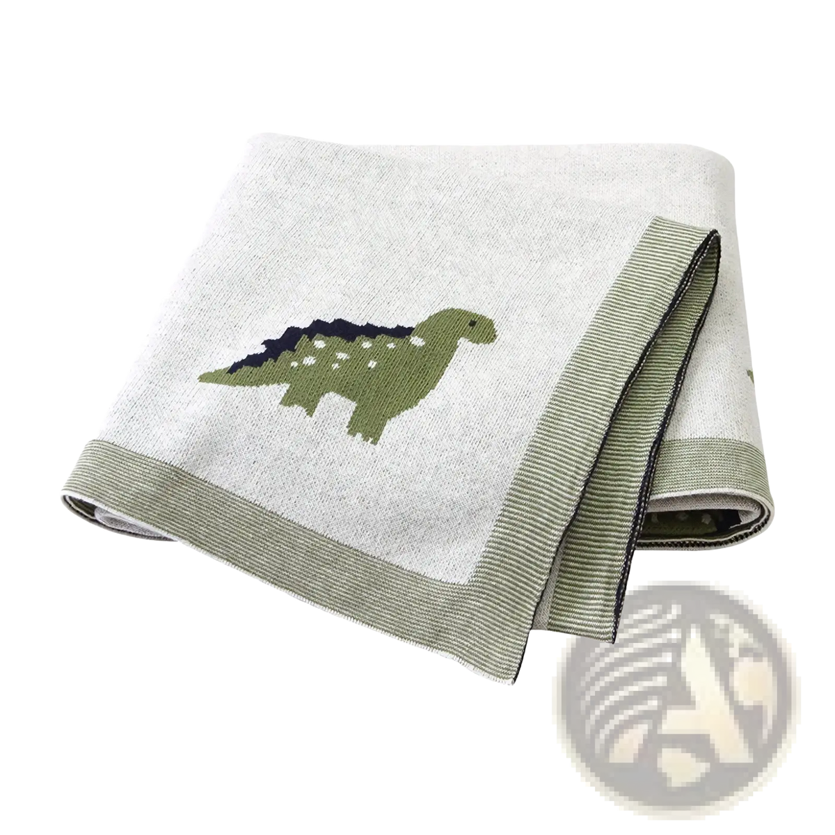 A soft light gray cotton knit baby blanket featuring a green dinosaur with black spines and white spots on its back