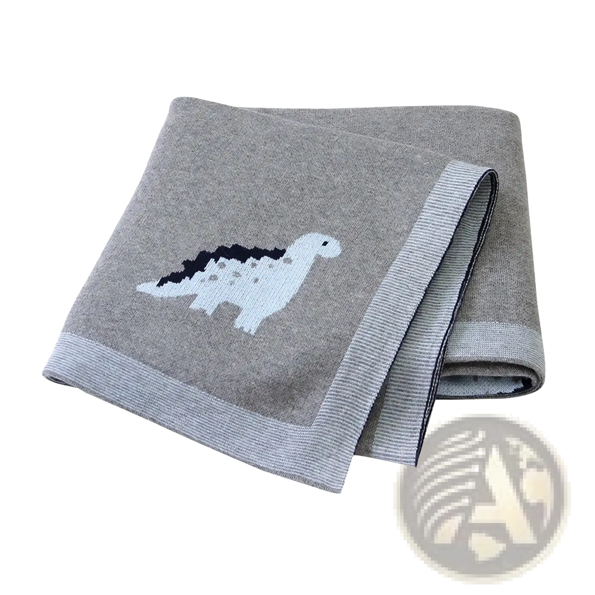 Gray knitted cotton baby blanket featuring a white and black dinosaur design with ribbed edges for crib use