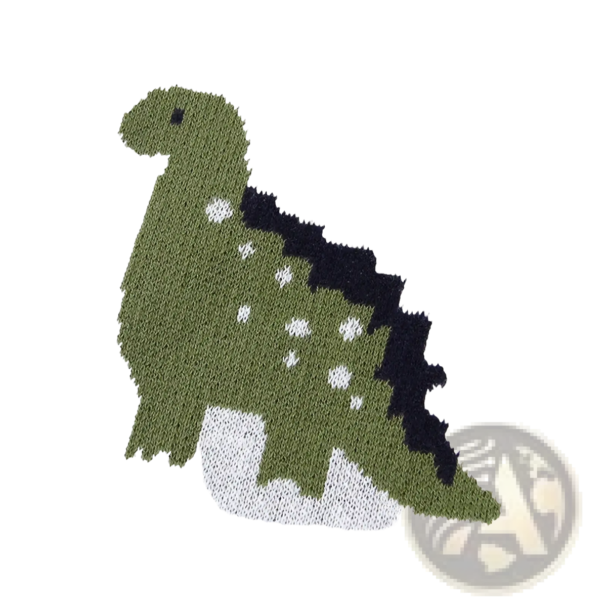 A knitted green dinosaur with black spines and white spots on a cotton dinosaur knit baby blanket crib quilt