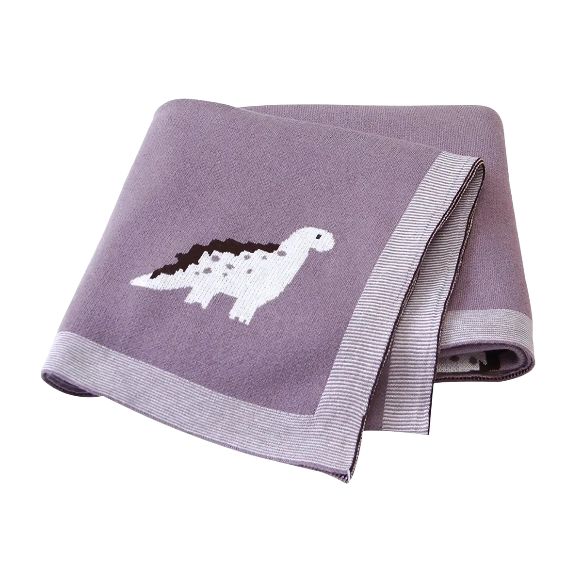 A soft lavender cotton knit baby blanket with white and dark brown dinosaur design and striped border trim