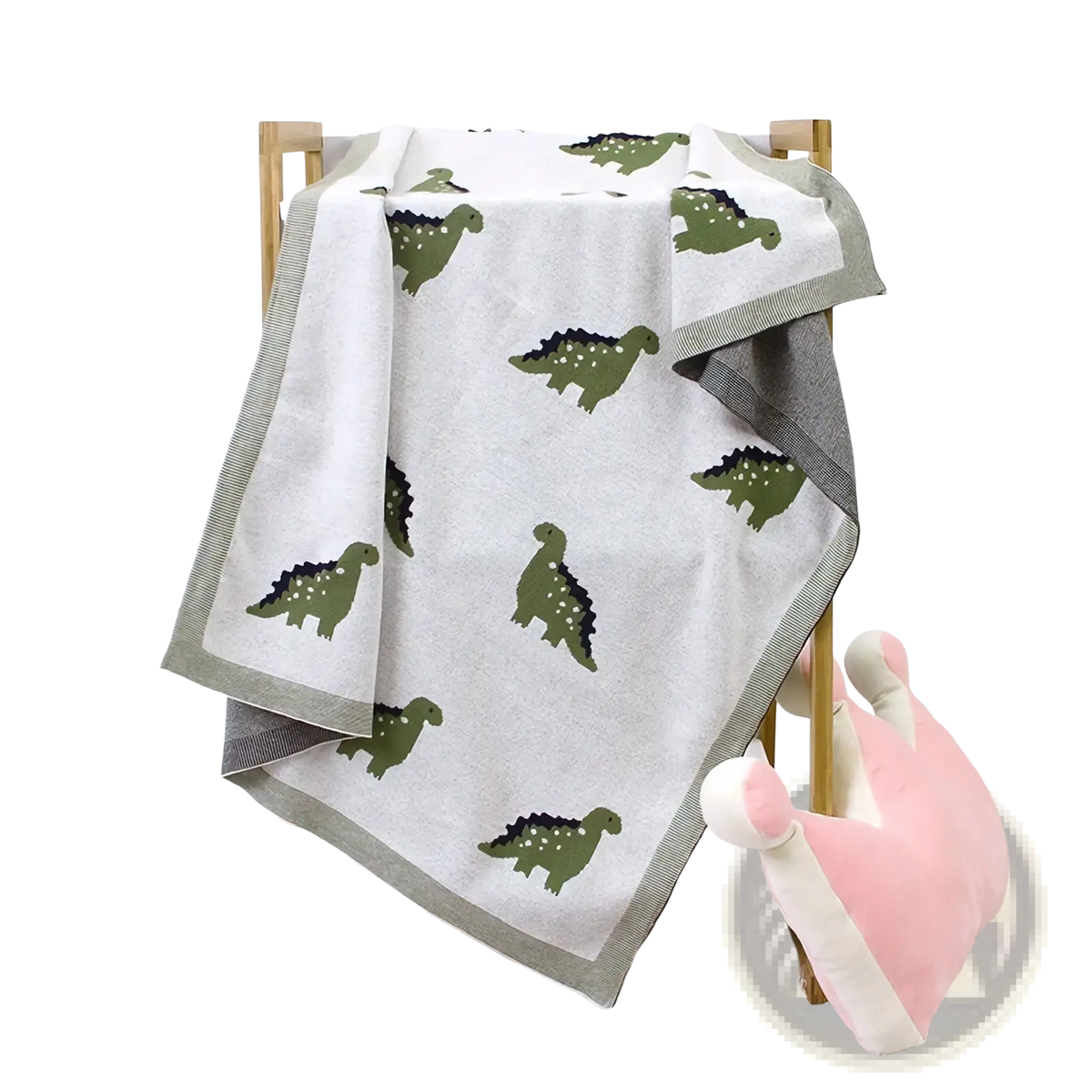 Dinosaur knit baby blanket cotton crib quilt in soft light gray with olive green dinosaur pattern and white dot accents