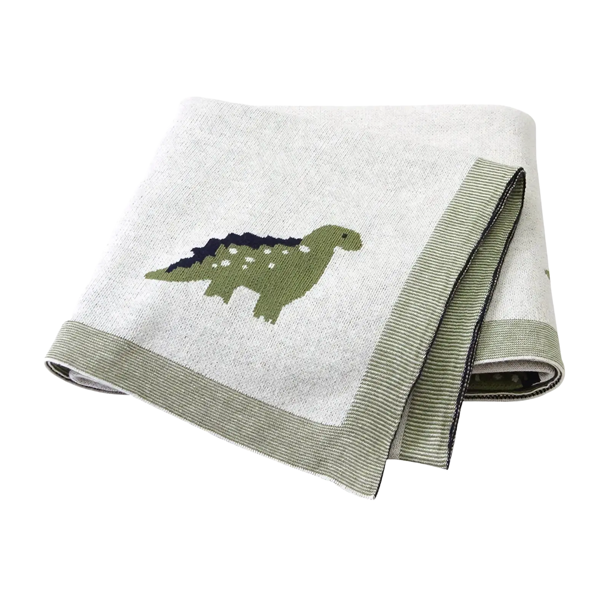 A soft light gray cotton knit baby blanket featuring a green dinosaur with black spines and white spots on its back